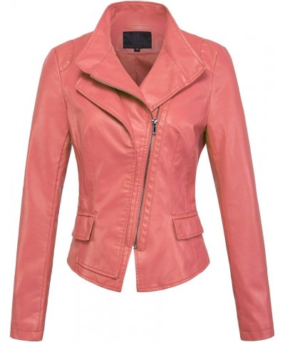 Women's Stylish Oblique Zip Slim Faux Leather Biker Outerwear Jacket Pink $20.17 Coats