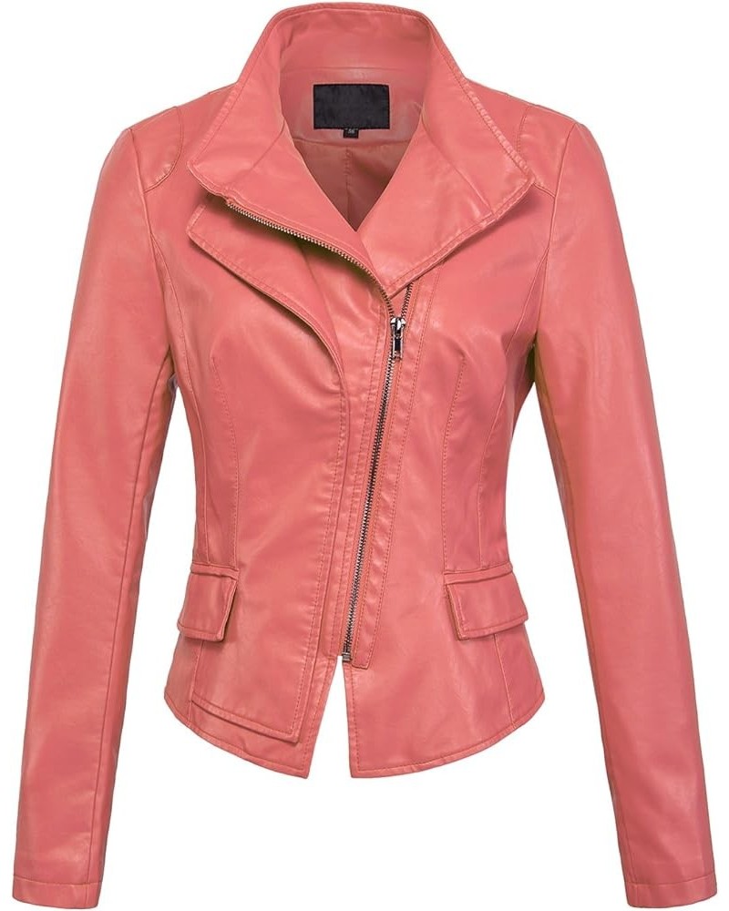 Women's Stylish Oblique Zip Slim Faux Leather Biker Outerwear Jacket Pink $20.17 Coats