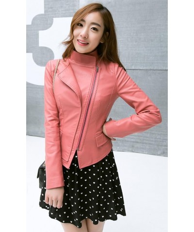 Women's Stylish Oblique Zip Slim Faux Leather Biker Outerwear Jacket Pink $20.17 Coats