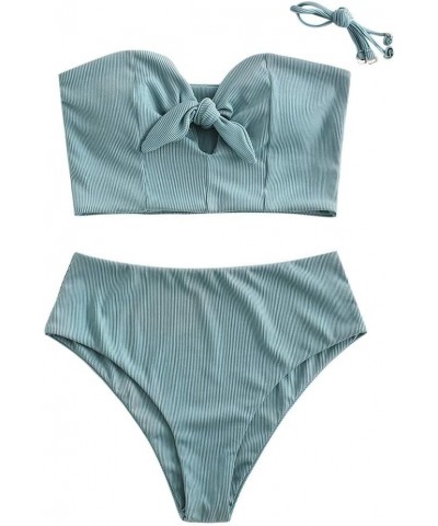 Women Keyhole High Waisted Bikini Set Knot Front Swimsuit Spaghetti Straps Two Pieces Tankini Bathing Suit Cyan-ribbed $20.51...