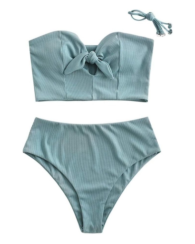 Women Keyhole High Waisted Bikini Set Knot Front Swimsuit Spaghetti Straps Two Pieces Tankini Bathing Suit Cyan-ribbed $20.51...