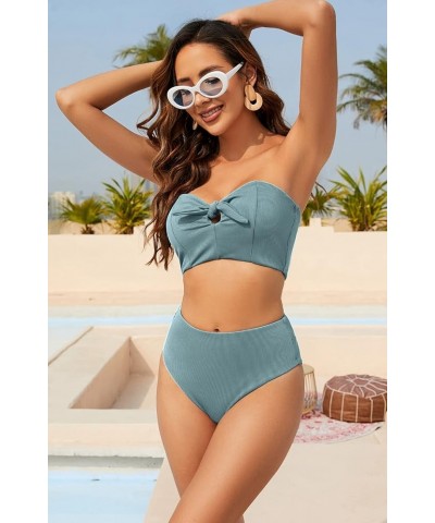 Women Keyhole High Waisted Bikini Set Knot Front Swimsuit Spaghetti Straps Two Pieces Tankini Bathing Suit Cyan-ribbed $20.51...