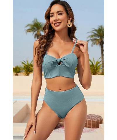 Women Keyhole High Waisted Bikini Set Knot Front Swimsuit Spaghetti Straps Two Pieces Tankini Bathing Suit Cyan-ribbed $20.51...