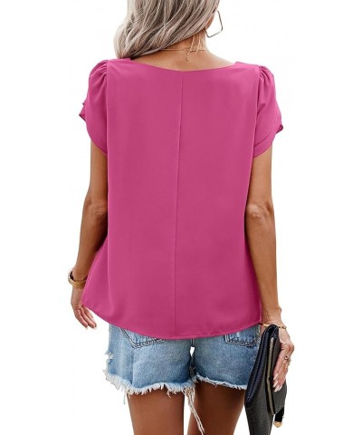 Womens Tops 2024 Summer Casual Dressy Crew Neck Loose Ruffle Short Sleeve Blouses Work Office Shirts Rose Red $14.74 Blouses