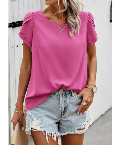 Womens Tops 2024 Summer Casual Dressy Crew Neck Loose Ruffle Short Sleeve Blouses Work Office Shirts Rose Red $14.74 Blouses