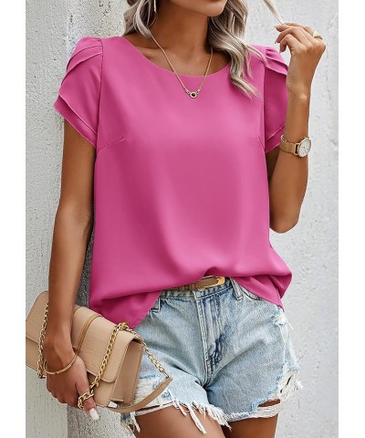 Womens Tops 2024 Summer Casual Dressy Crew Neck Loose Ruffle Short Sleeve Blouses Work Office Shirts Rose Red $14.74 Blouses