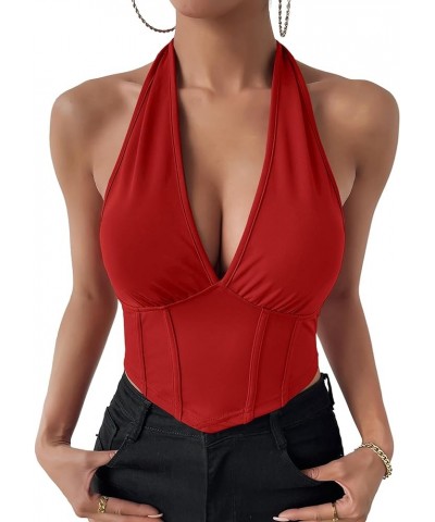 Women's Halter V Neck Boned Bustier Sleeveless Backless Sexy Cami Shirt Crop Top Red $15.89 Tanks