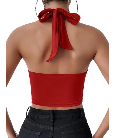 Women's Halter V Neck Boned Bustier Sleeveless Backless Sexy Cami Shirt Crop Top Red $15.89 Tanks