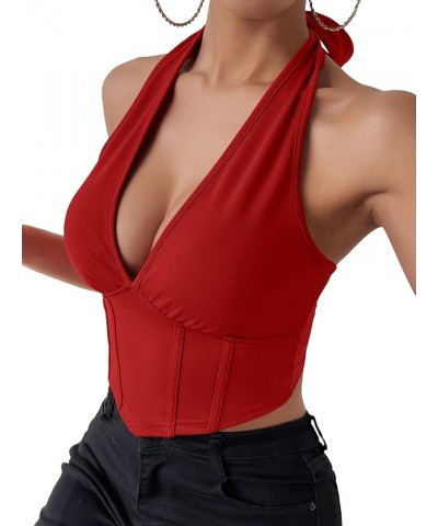 Women's Halter V Neck Boned Bustier Sleeveless Backless Sexy Cami Shirt Crop Top Red $15.89 Tanks