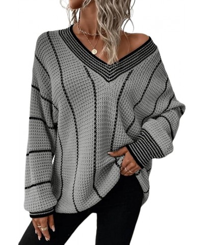 Women Winter Long Sleeve V Neck Color Block Striped Sweater Casual Oversized Pullover Knitted Jumper Tops Gray $22.43 Sweaters