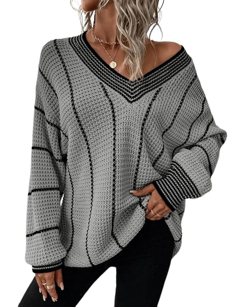 Women Winter Long Sleeve V Neck Color Block Striped Sweater Casual Oversized Pullover Knitted Jumper Tops Gray $22.43 Sweaters