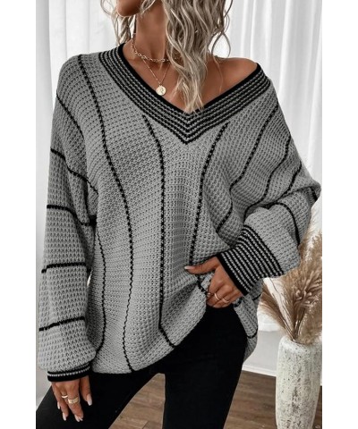 Women Winter Long Sleeve V Neck Color Block Striped Sweater Casual Oversized Pullover Knitted Jumper Tops Gray $22.43 Sweaters