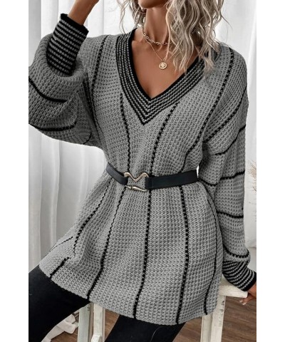 Women Winter Long Sleeve V Neck Color Block Striped Sweater Casual Oversized Pullover Knitted Jumper Tops Gray $22.43 Sweaters