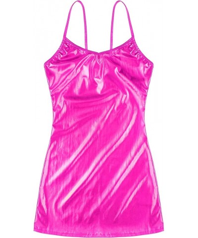 Women Sexy Bodycon Spaghetti Straps Mini Dress Shiny Metallic Low Cut Fashion Party Dresses Hot Pink $9.48 Dresses