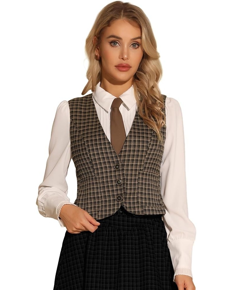 Plaid Vest for Women's Single Breasted V Neck Sleeveless Racerback Vintage Waistcoat Brown $14.04 Vests