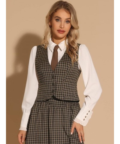 Plaid Vest for Women's Single Breasted V Neck Sleeveless Racerback Vintage Waistcoat Brown $14.04 Vests