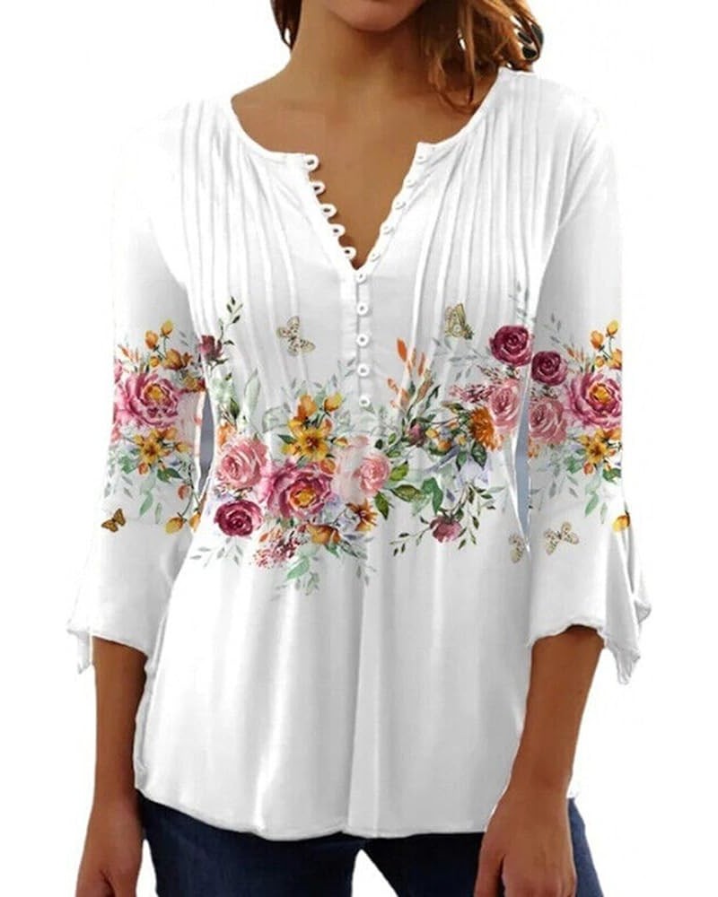 3/4 Sleeve Shirts for Women Bell V Neck Graphic T Shirts Button Pleated Boho Tops Elegant Vintage Floral Blouse A13-white $8....