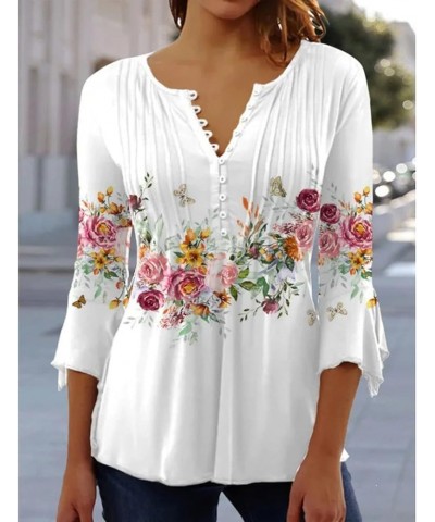 3/4 Sleeve Shirts for Women Bell V Neck Graphic T Shirts Button Pleated Boho Tops Elegant Vintage Floral Blouse A13-white $8....