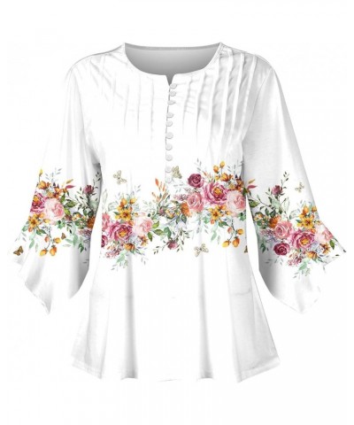 3/4 Sleeve Shirts for Women Bell V Neck Graphic T Shirts Button Pleated Boho Tops Elegant Vintage Floral Blouse A13-white $8....