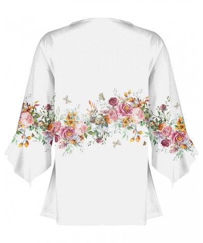 3/4 Sleeve Shirts for Women Bell V Neck Graphic T Shirts Button Pleated Boho Tops Elegant Vintage Floral Blouse A13-white $8....