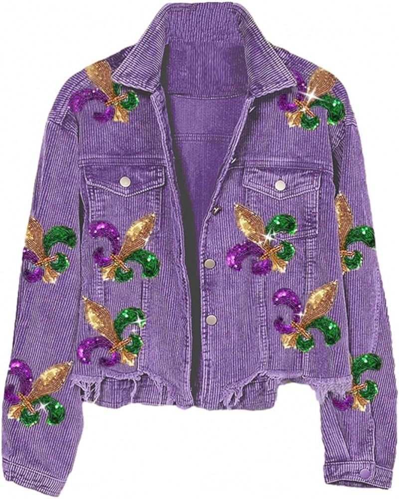 Women's Mardi Gras Sequin Jacket Fleur De Lis Cropped Corduroy Shacket Raw Hem Outwear Purple $26.95 Jackets