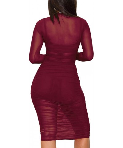 Women's Rhinestone Mesh Fishnet Bodycon Club Dress See Through Beach Swimwear Bikini Cover Up 1 Wine Red( 3 Piece: Dress+vest...