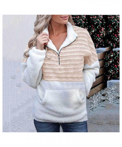 Ladies Shirts Sweater Thicken Long Sleeve Casual Pullover Women's Shirts Colorblock Winter Zipper Sweater Tops Khaki $6.19 Sw...