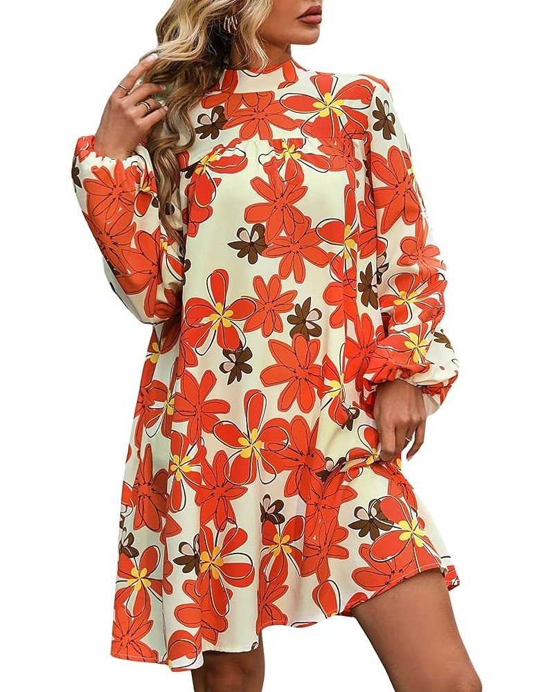 Women's Floral Print Mock Neck Bishop Long Sleeve Dress Short Tunic Dresses Multicoloured Floral $14.49 Dresses