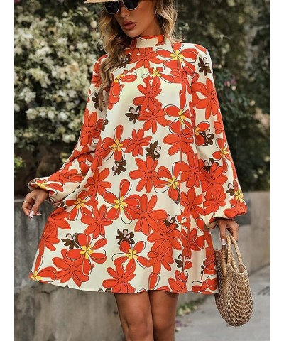 Women's Floral Print Mock Neck Bishop Long Sleeve Dress Short Tunic Dresses Multicoloured Floral $14.49 Dresses