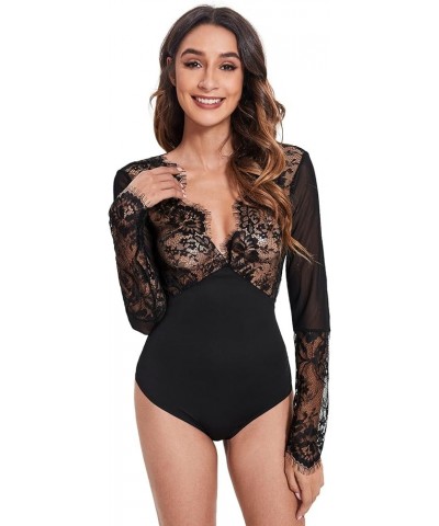 Women's Sexy Lace V Neck Clubwear Top Sheer Mesh Long Sleeve Bodysuit Graphic Black $8.66 Lingerie