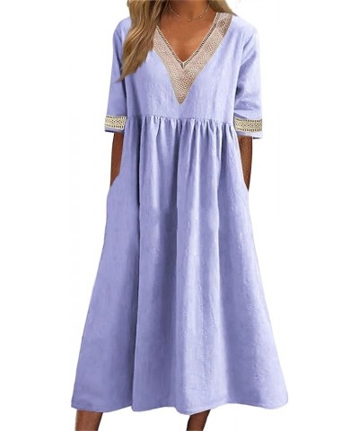 Women's Casual V Neck Pleated Maxi Linen Dress Summer Half Sleeve Loose Linen Dresses with Pockets Light Purple $16.42 Dresses