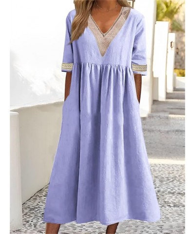 Women's Casual V Neck Pleated Maxi Linen Dress Summer Half Sleeve Loose Linen Dresses with Pockets Light Purple $16.42 Dresses