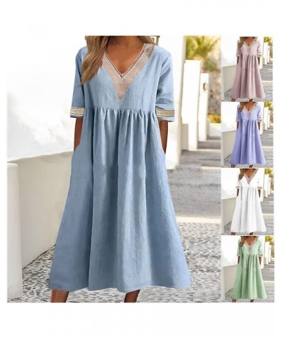 Women's Casual V Neck Pleated Maxi Linen Dress Summer Half Sleeve Loose Linen Dresses with Pockets Light Purple $16.42 Dresses