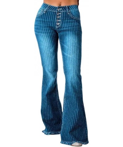 Women Striped Ripped Bell Bottom Jeans Stretchy High Waist Bell Bottom Flares Denim Pants Blue-t $14.00 Jeans