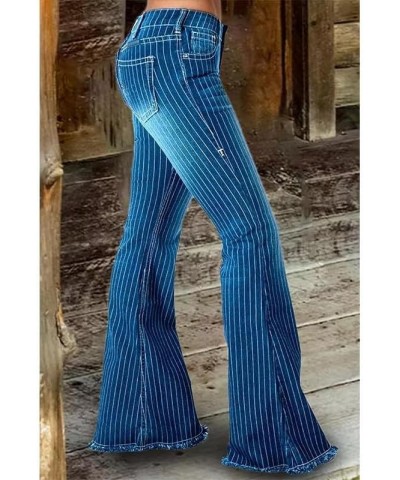 Women Striped Ripped Bell Bottom Jeans Stretchy High Waist Bell Bottom Flares Denim Pants Blue-t $14.00 Jeans