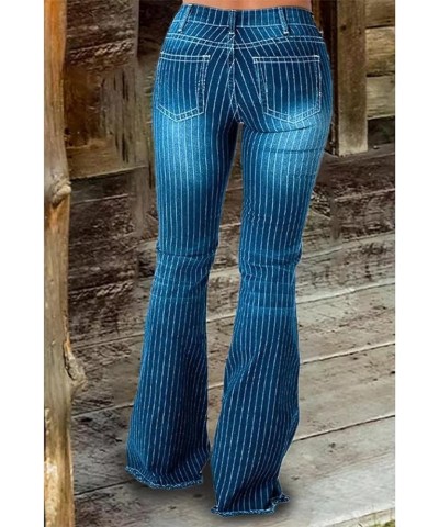 Women Striped Ripped Bell Bottom Jeans Stretchy High Waist Bell Bottom Flares Denim Pants Blue-t $14.00 Jeans