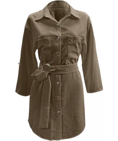 Women's Collar V Neck Belted High Low Roll Half Sleeve Pocket Front Office Mini Dress Khaki $16.81 Dresses