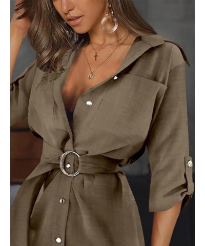 Women's Collar V Neck Belted High Low Roll Half Sleeve Pocket Front Office Mini Dress Khaki $16.81 Dresses