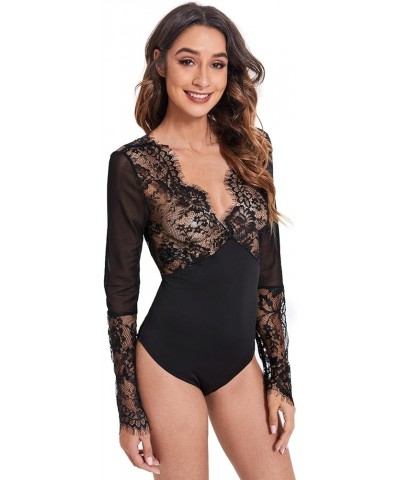 Women's Sexy Lace V Neck Clubwear Top Sheer Mesh Long Sleeve Bodysuit Graphic Black $8.66 Lingerie