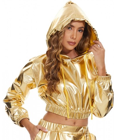 Women Metallic Shiny Crop Hoodies Rave Festival Outfits Crop Hooded Sweatshirts Dancewear Clothes S-XXL Yellow $13.92 Hoodies...