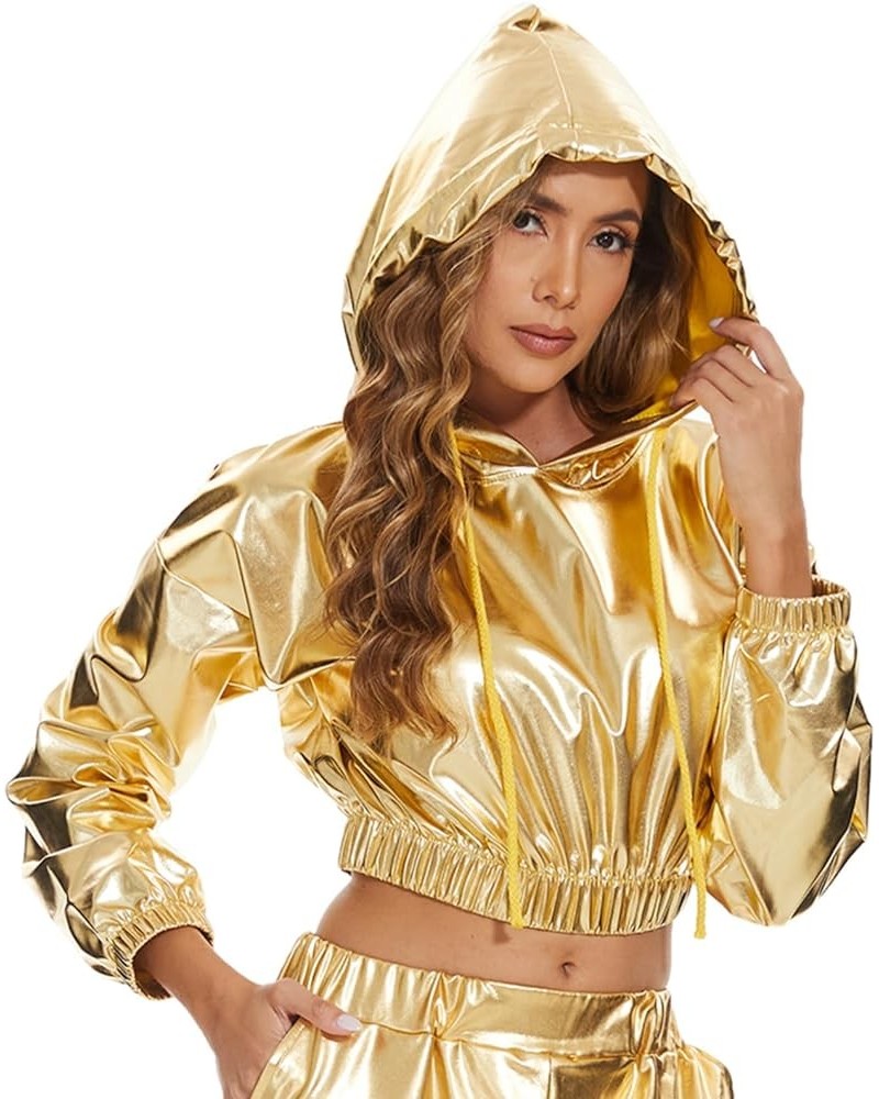 Women Metallic Shiny Crop Hoodies Rave Festival Outfits Crop Hooded Sweatshirts Dancewear Clothes S-XXL Yellow $13.92 Hoodies...