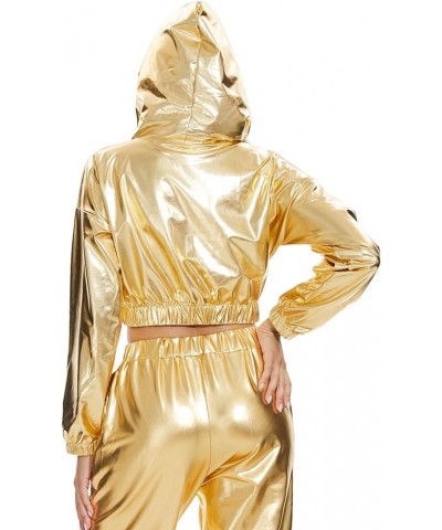 Women Metallic Shiny Crop Hoodies Rave Festival Outfits Crop Hooded Sweatshirts Dancewear Clothes S-XXL Yellow $13.92 Hoodies...