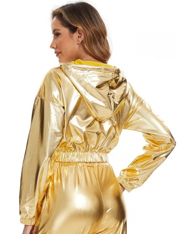 Women Metallic Shiny Crop Hoodies Rave Festival Outfits Crop Hooded Sweatshirts Dancewear Clothes S-XXL Yellow $13.92 Hoodies...