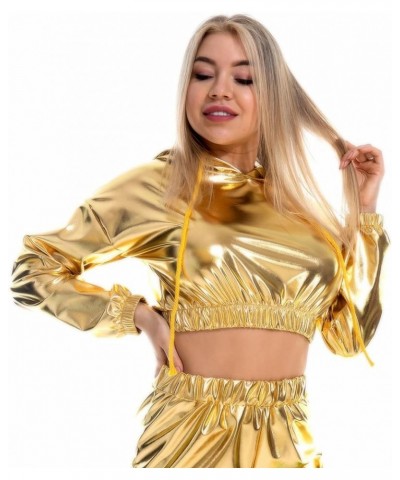 Women Metallic Shiny Crop Hoodies Rave Festival Outfits Crop Hooded Sweatshirts Dancewear Clothes S-XXL Yellow $13.92 Hoodies...