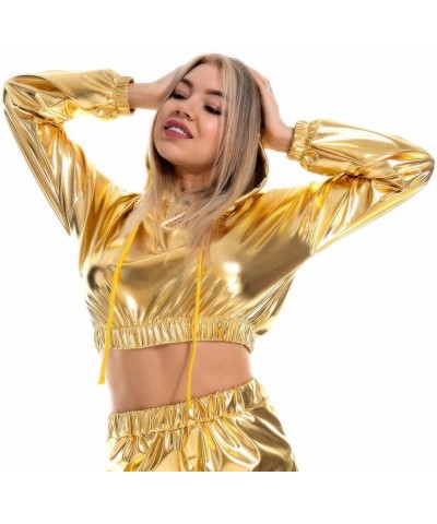 Women Metallic Shiny Crop Hoodies Rave Festival Outfits Crop Hooded Sweatshirts Dancewear Clothes S-XXL Yellow $13.92 Hoodies...