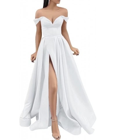 Off Shoulder Prom Dresses with Slit Long Satin Formal Evening Party Dresses for Women with Pockets YJY47 White $41.50 Dresses