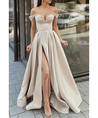 Off Shoulder Prom Dresses with Slit Long Satin Formal Evening Party Dresses for Women with Pockets YJY47 White $41.50 Dresses