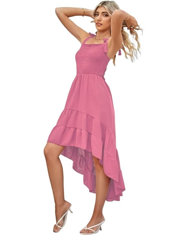 Women's Summer Maxi Dress Boho Sleeveless Spaghetti Strap Smocked Tiered High-Low Long Beach Sun Dresses Pink $21.65 Dresses