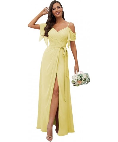Women's Cold Shoulder Pleated Bridesmaid Dress Long Chiffon Formal Party Dresses with Slit SYYS357 Canary $28.35 Dresses
