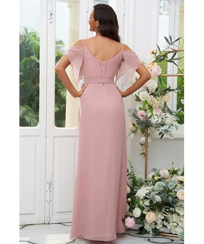 Women's Cold Shoulder Pleated Bridesmaid Dress Long Chiffon Formal Party Dresses with Slit SYYS357 Canary $28.35 Dresses